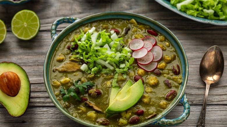 Bowl of homemade pozole verde