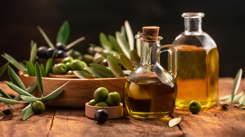 olives and bottles of olive oil