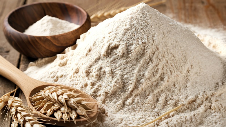 A pile of milled flour next to whole wheat heads