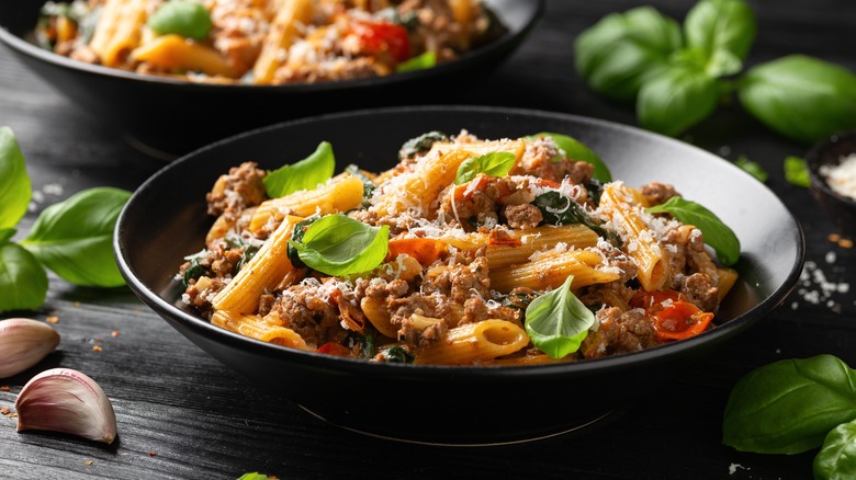 Pasta, ground beef, basil, and cheese