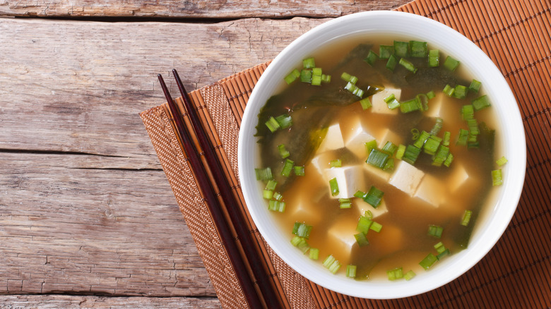 Miso soup with tofu in a bowl