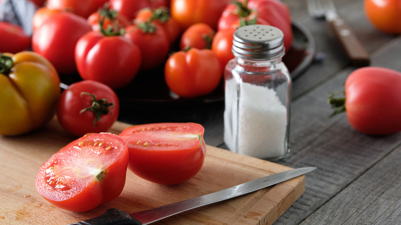 Ripe tomatoes with salt shaker