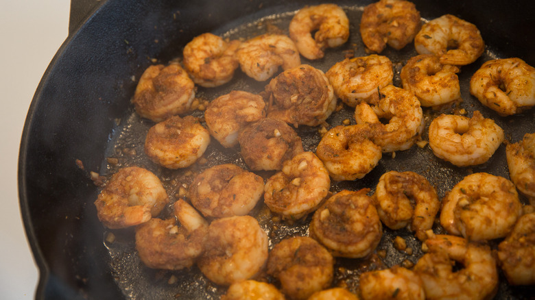 Shrimp cooking in pan 