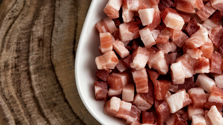 diced pancetta in bowl