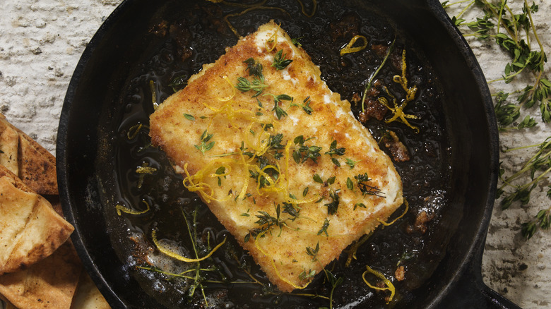 crispy feta in cast-iron pan