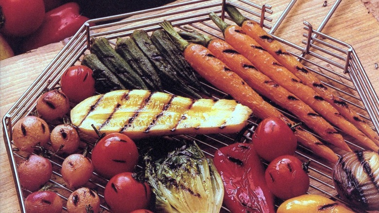 charred vegetables in grill basket