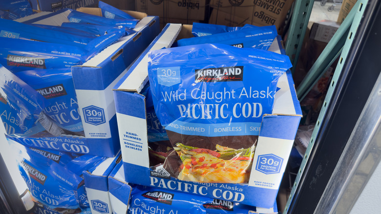 A pack of Kirkland Signature Wild Caught Alaska Pacific Cod in the freezer section