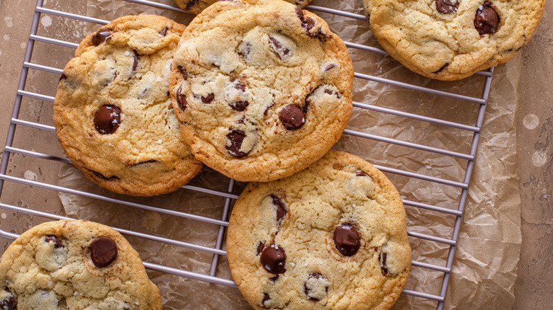 Chocolate chip cookies on wire rack