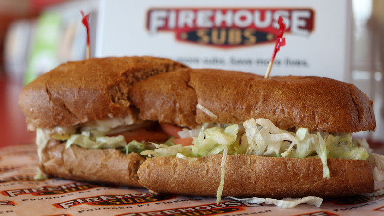 A sandwich from Firehouse Subs on parchment