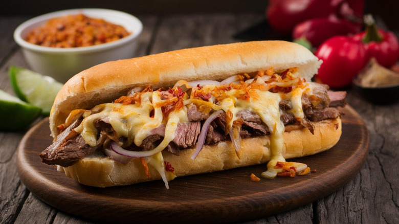 A hot sandwich on a wooden plate