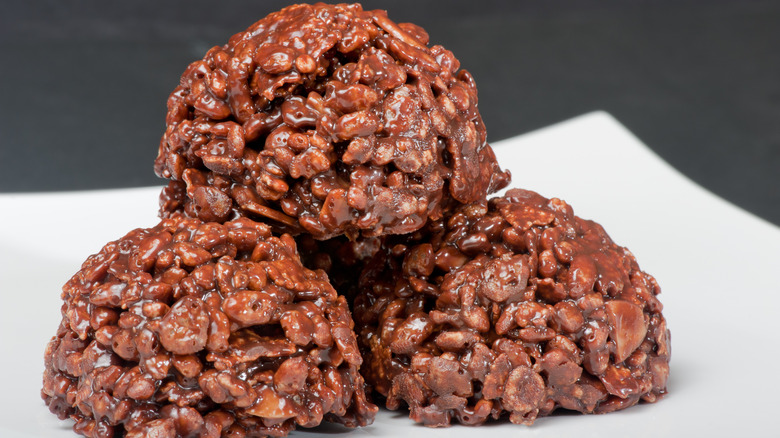 Chocolate Rice Krispie treats on a plate