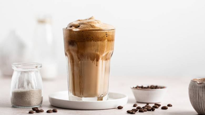 Iced mocha and coffee beans