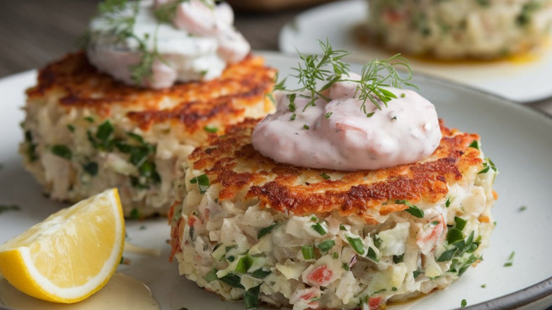 crab cakes with creme fraiche on a plate