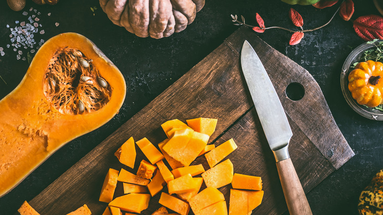 Halved butternut squash and pieces