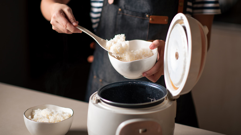 serving rice with rice paddle