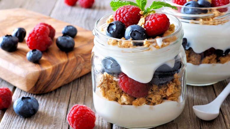 layered fruit parfait in a Mason jar