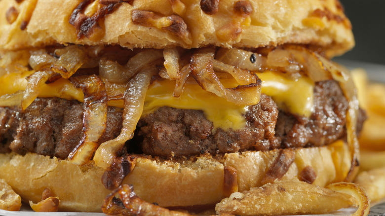 closeup of cheeseburger with caramelized onions