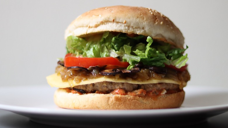 beef burger with caramelized onions on white plate