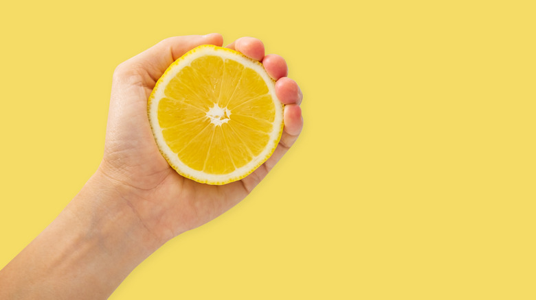 hand holding a sliced lemon