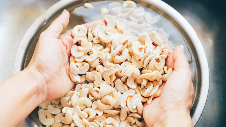 Hands soaking cashew nuts from above