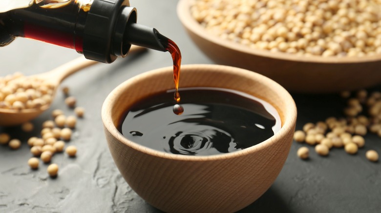 Soy sauce poured in bowl