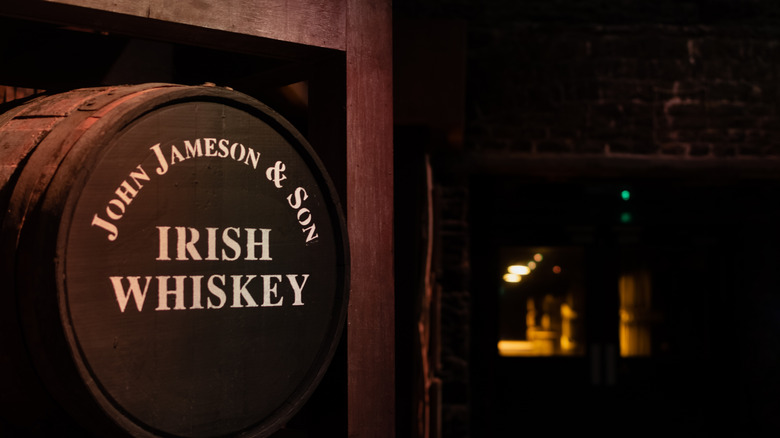Vintage-looking barrel for Jameson in a dark warehouse