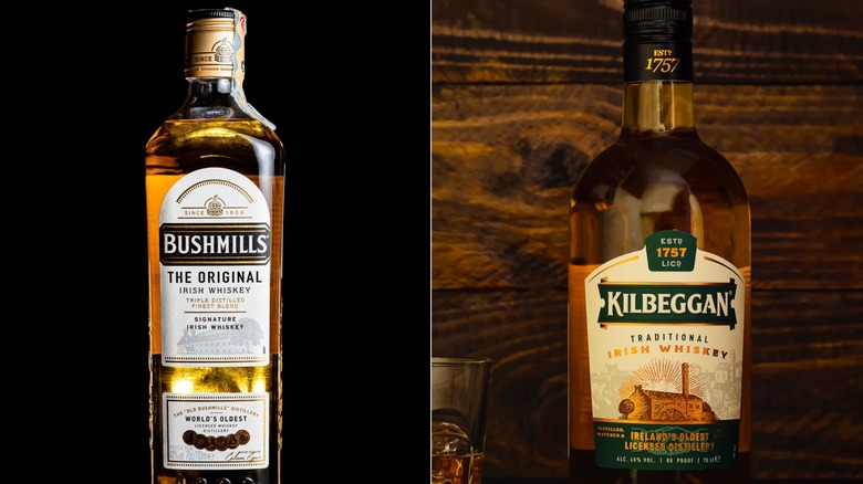 Split image of a bottle of Bushmills and Kilbeggan