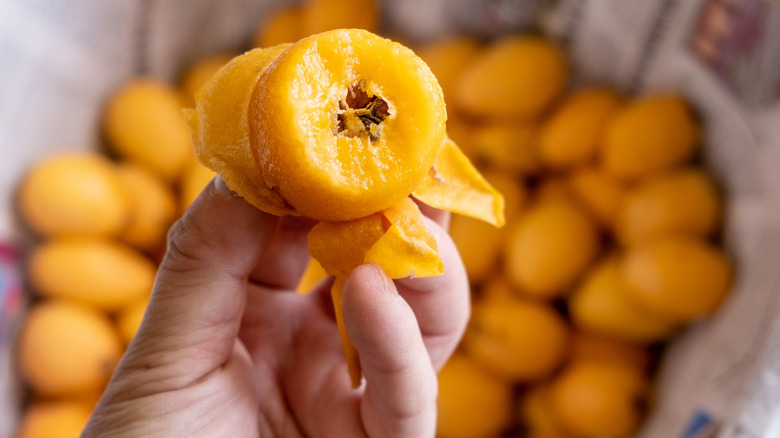 A hand holding a loquat