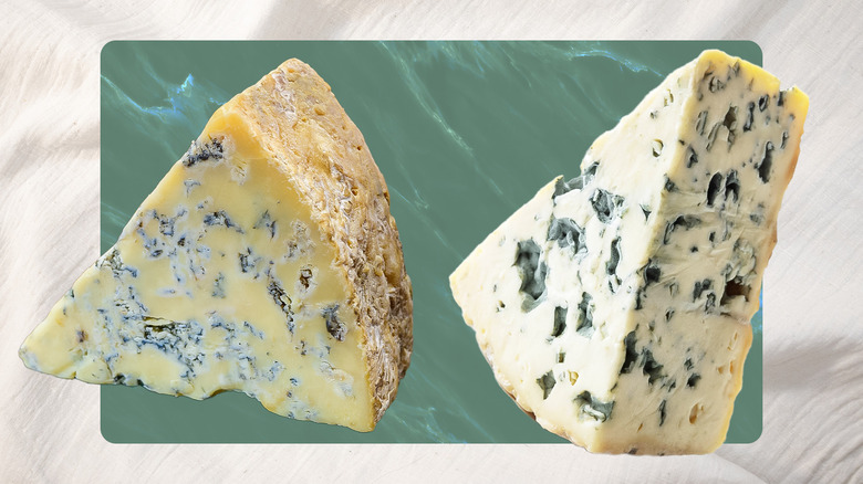 Stilton and Roquefort blue cheeses side by side