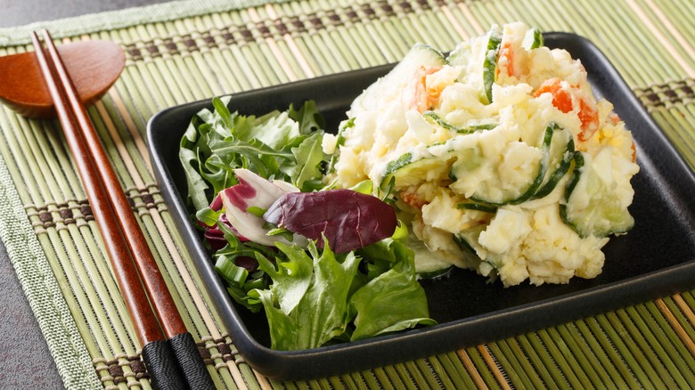 Japanese potato salad with chopsticks