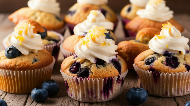 gluten free blueberry muffins with whipped cream topping