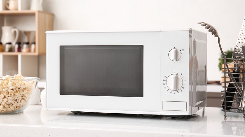 microwave on white counter