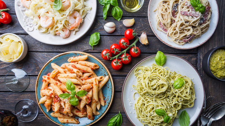 Pesto, marinara, and seafood pasta