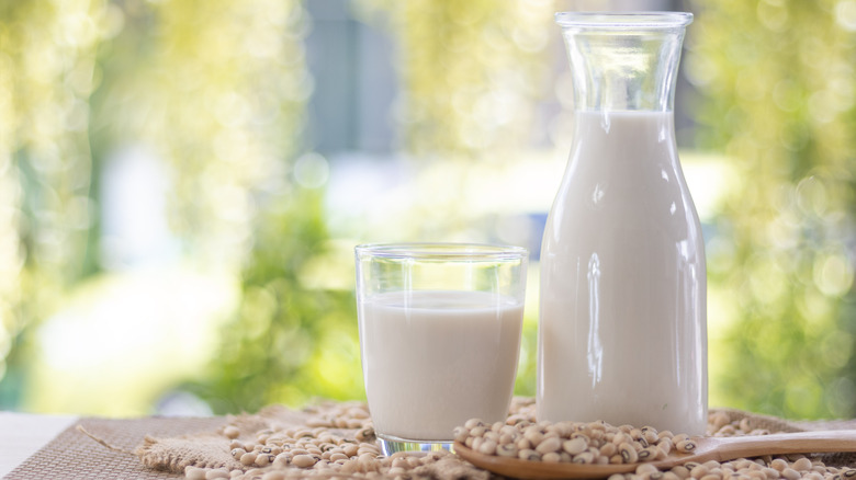 glass and jug of soy milk with soybeans