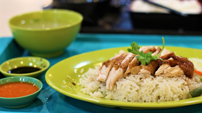 Singaporean chicken rice on plate