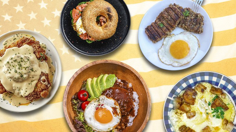 Five breakfasts on yellow background