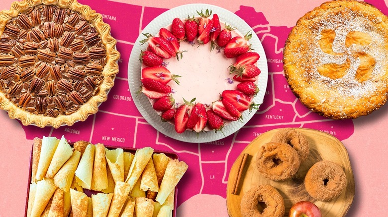 a composite image of various american desserts including pecan pie, krumkake, and apple cider donuts