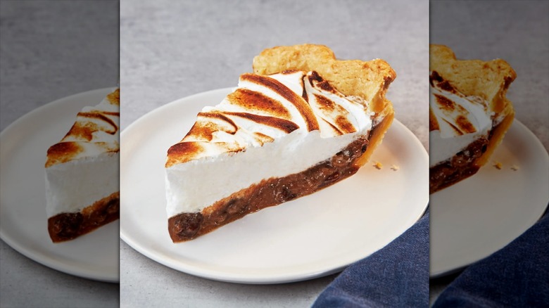 Slice of sour cream raisin pie on white plate with a gray background