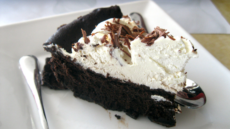 Slice of Mississippi mud pie on white plate