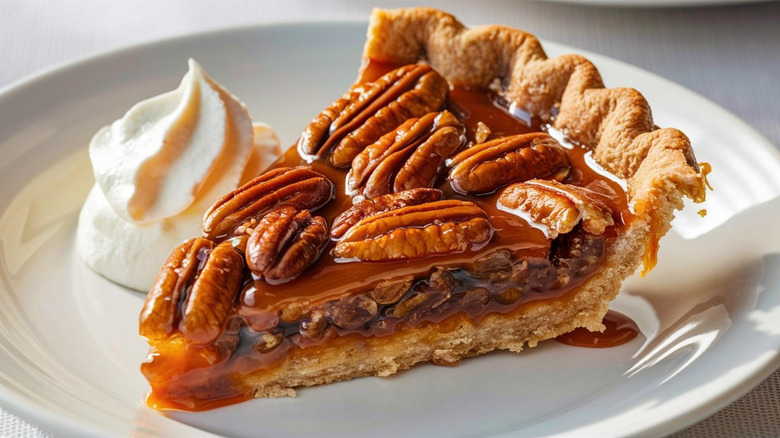 Pecan pie on a white plate with a dollop whipped cream