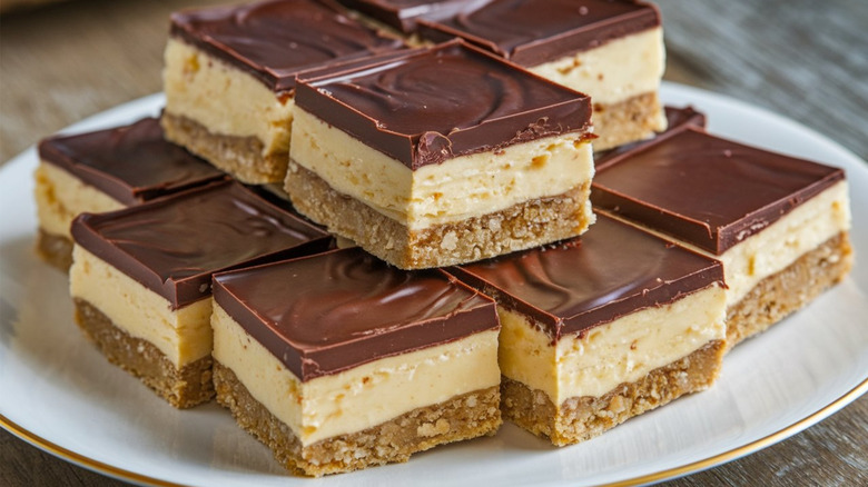 Stacked nanaimo bars on a white plate