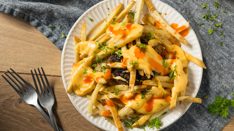 Open-faced horseshoe sandwich with fries, cheese sauce, and meat on white plate