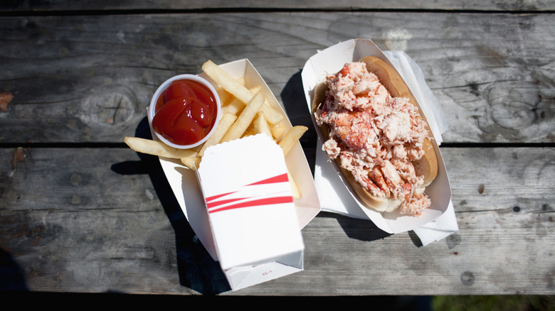 Lobster roll with side of fries on picnic table