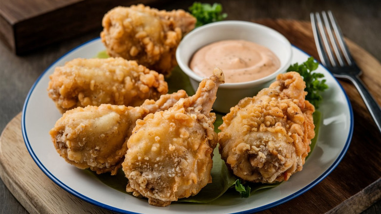 Fried Rocky Mountain oysters on white plate with dipping sauce