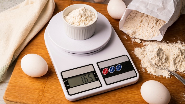 measuring flour on scale