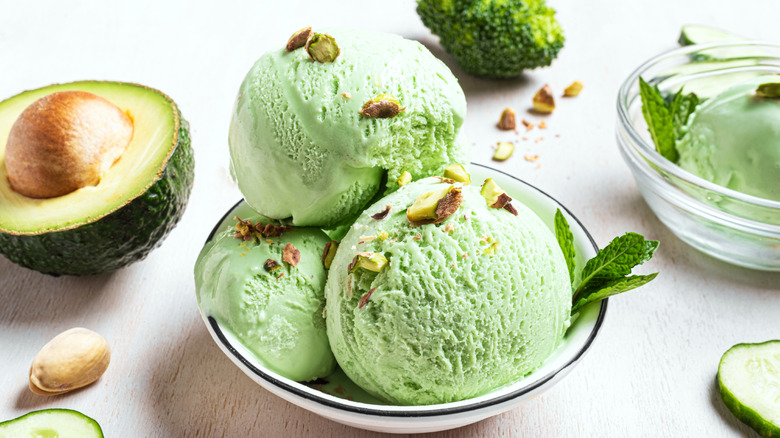 vegan avocado ice cream with pistachios and broccoli