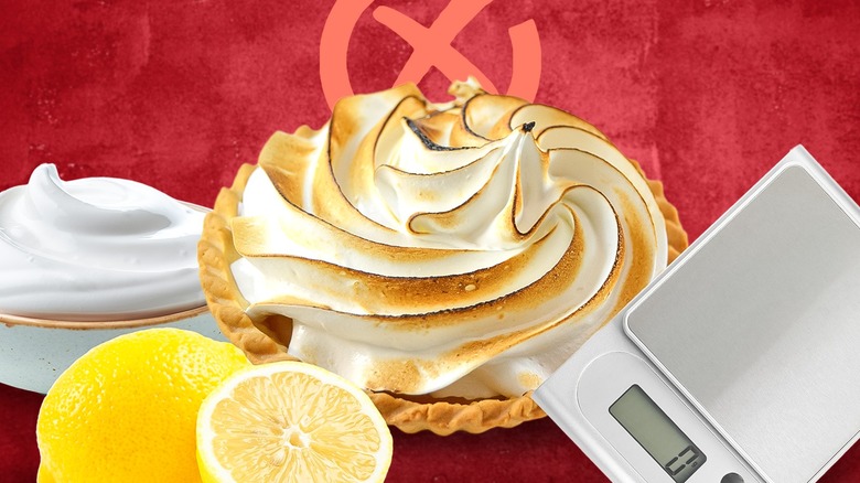 Lemon meringue pie, scale, and sign