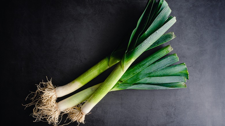 Three leeks on gray slate