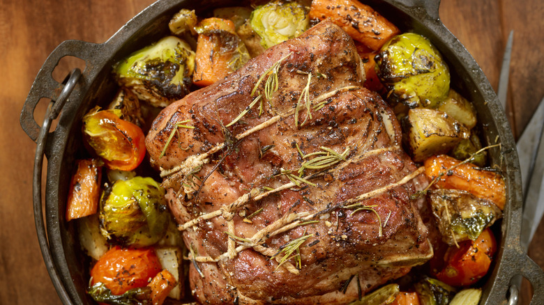 pot roast with twine in cast iron pot