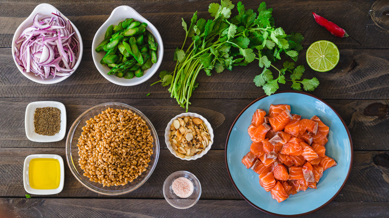 Mise en place for a salmon barley salad